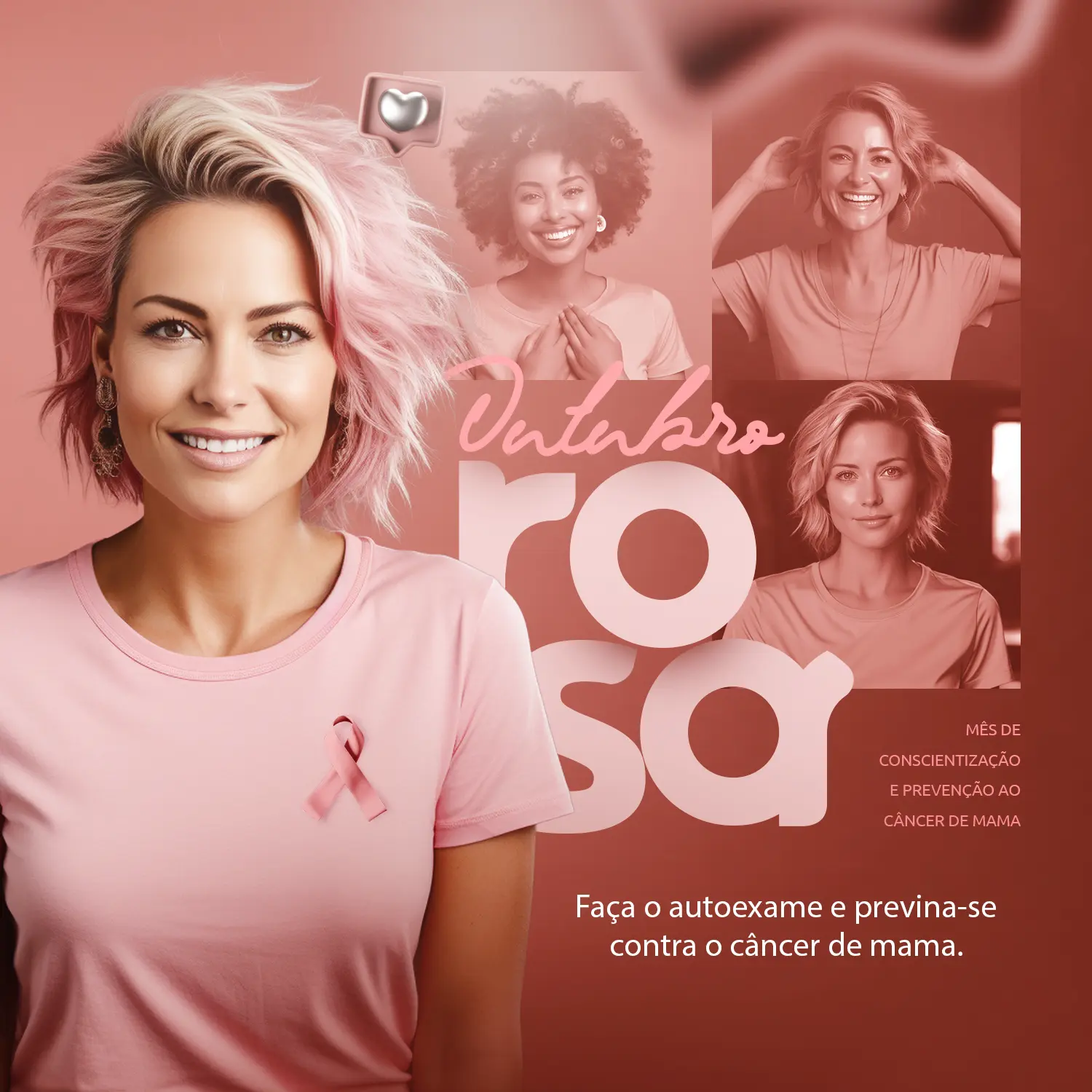 Campanha Outubro Rosa com mulheres e laço rosa.